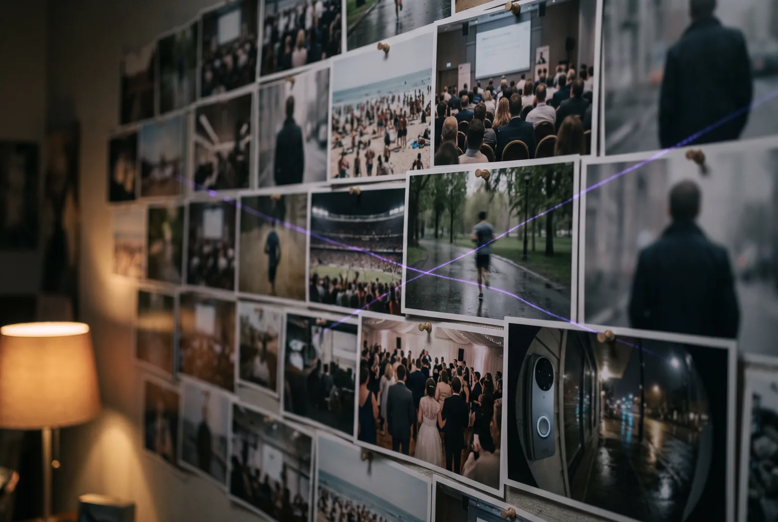 A wall of pinned snapshots taken by different people at different events. One out-of-focus figure appears in the background of several of them, linked by a faint violet thread of light.