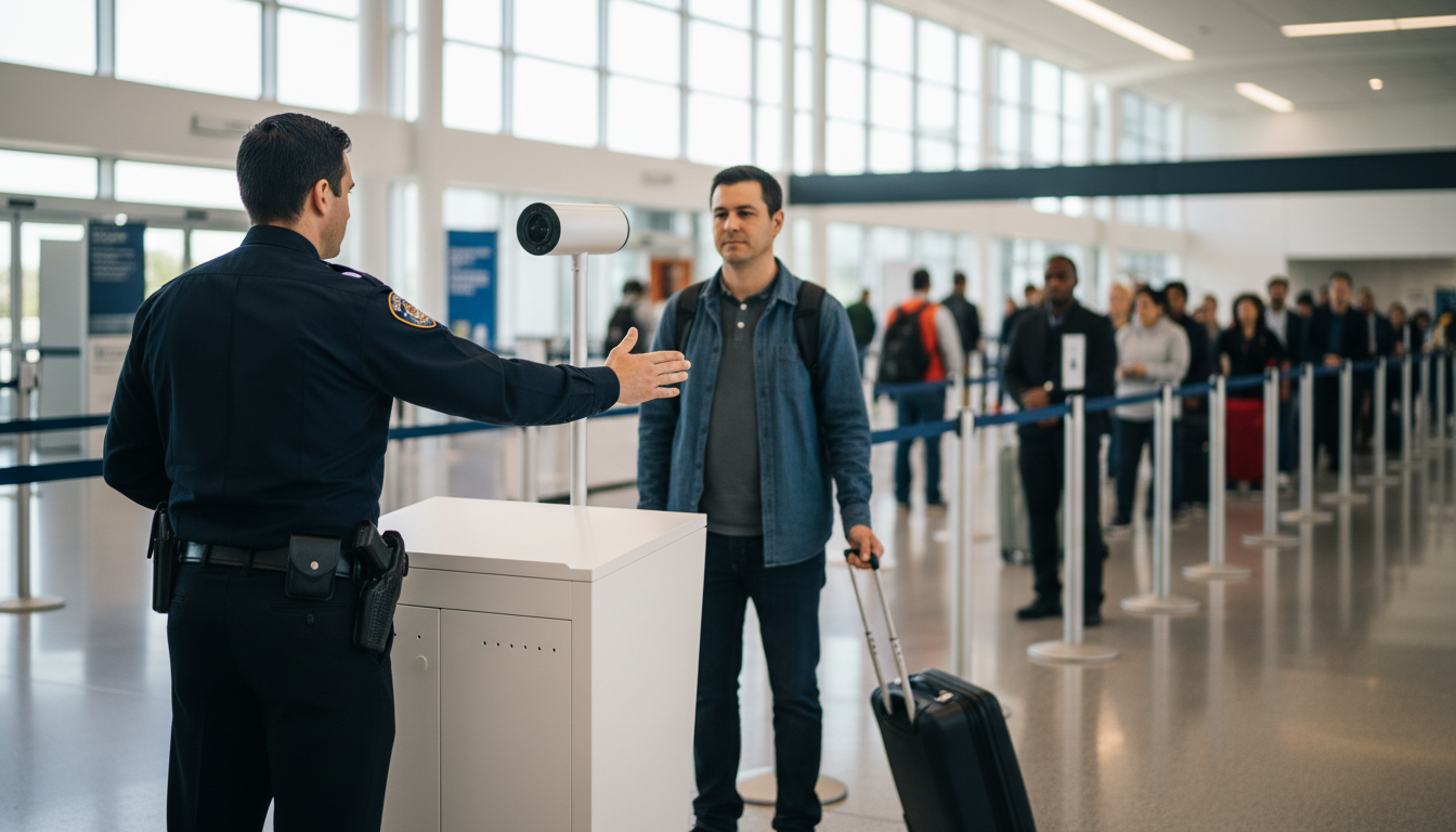 A TSA officer at a checkpoint podium gestures a traveler forward toward a small face-scanning camera mounted on a post, while a line of other travelers waits behind them.