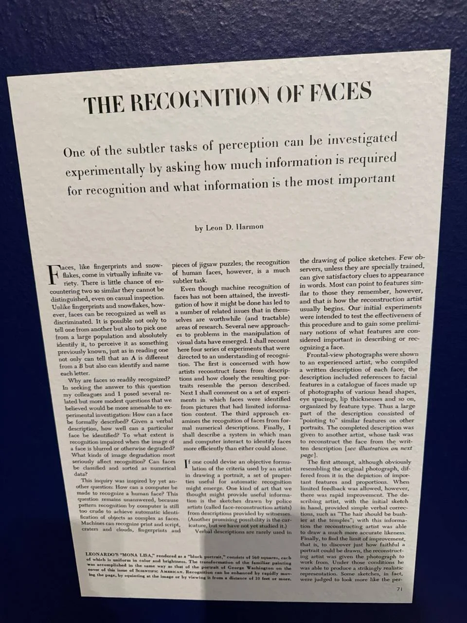 Close view of the opening page of Leon Harmon's 1973 Scientific American article, headed The Recognition of Faces, with a subtitle about how much information recognition requires.
