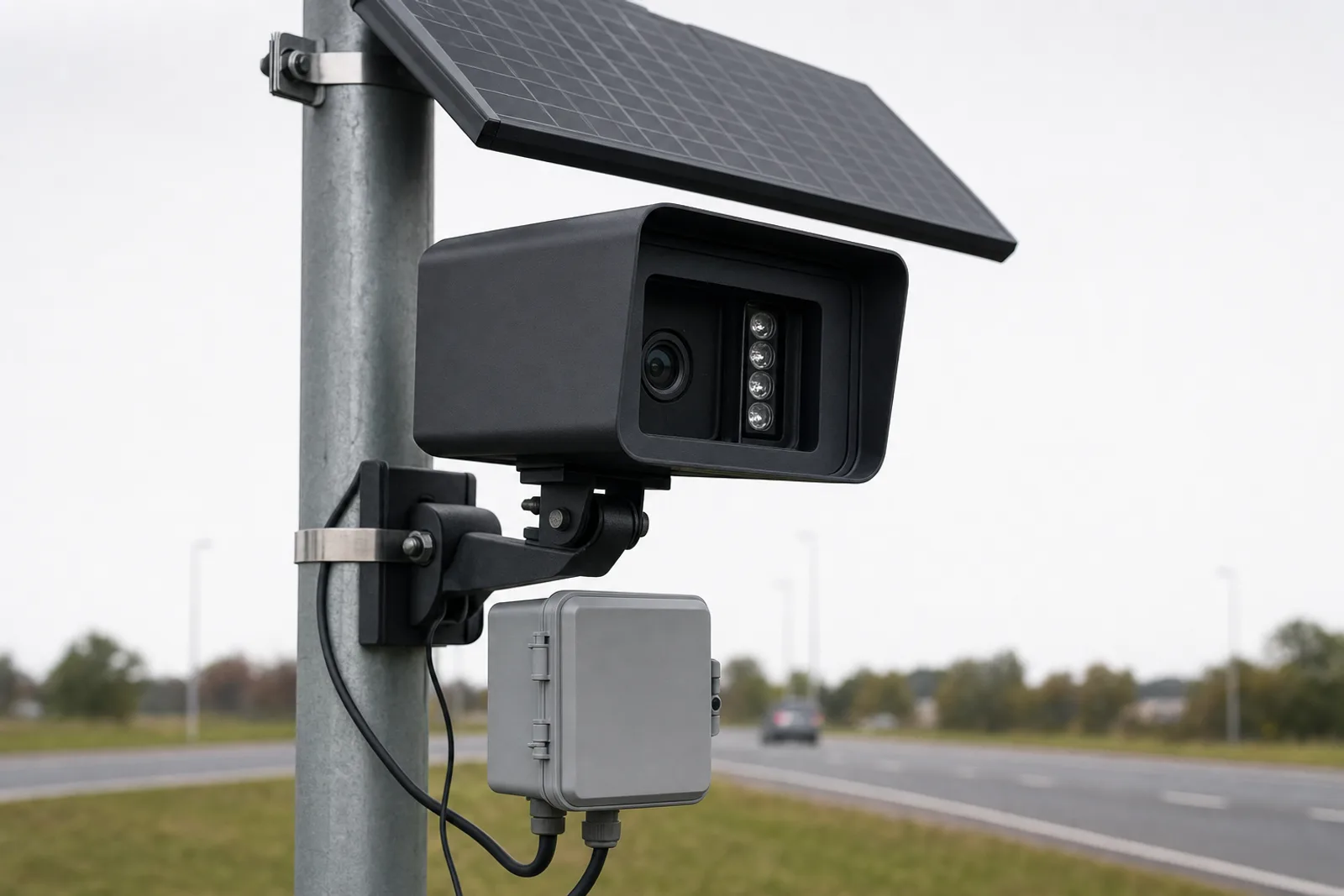 Close-up of a roadside camera unit: a matte dark housing with a single lens beside a strip of small infrared illuminator lenses, clamped by a bracket to a slim galvanised pole, with an angled solar panel above and a sealed grey enclosure below.