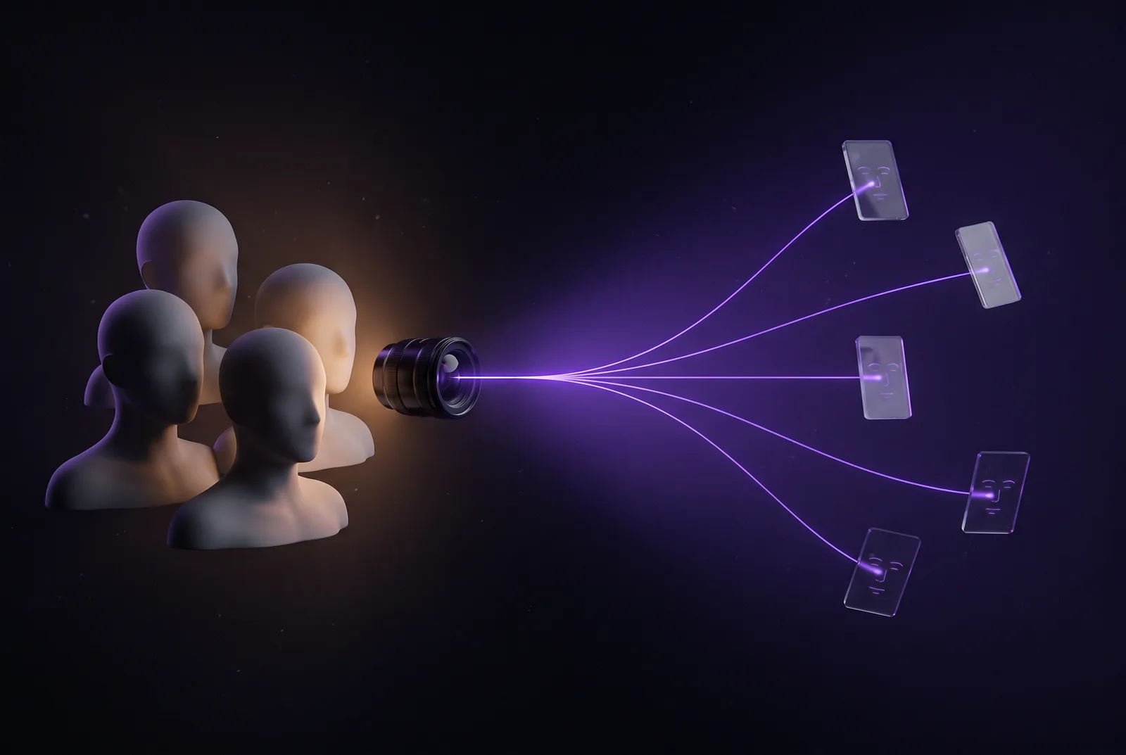 Five stylized head silhouettes posing together for a single floating camera lens; one purple beam from the lens fans out into five separate threads, each ending in its own drifting face-tile card.