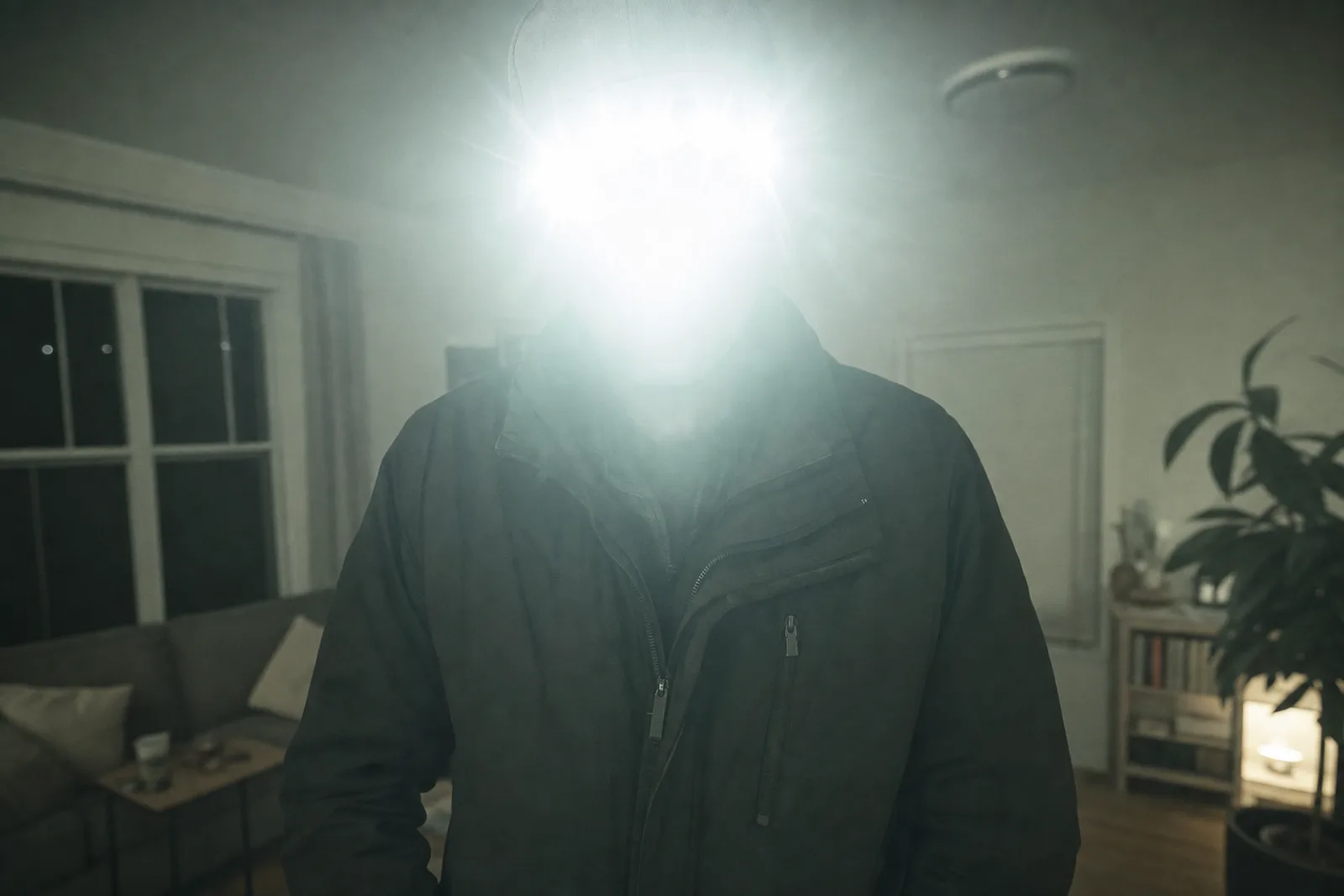 A dim night-time room. A person in a dark jacket stands facing the camera, their head replaced by an intense white bloom of infrared light spilling outward in a halo, while the jacket and the room behind stay correctly exposed.