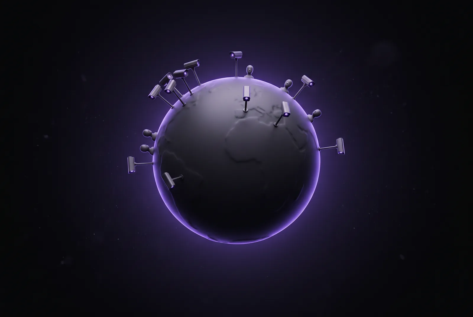 Illustration: a dark globe with a small number of surveillance cameras standing on its surface, clustered thickly over one region and sparse elsewhere, with a few tiny figures among them