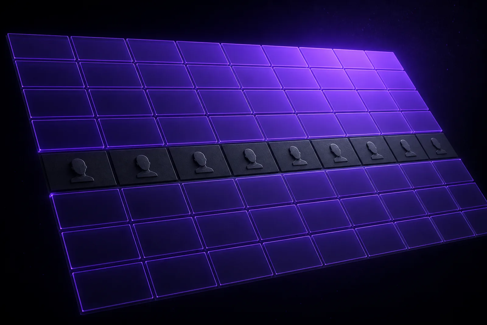 A wide grid of dark panels seen at an angle, most of them covered by an even sheet of purple light; one band across the middle sits bare and unlit, each uncovered panel carrying a small embossed head silhouette.