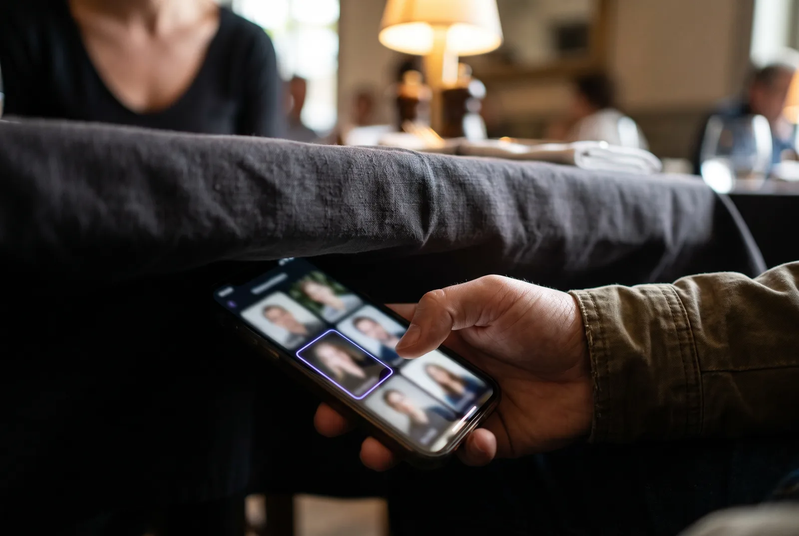 A low angle from just beneath a restaurant table edge: a hand holding a phone below the tablecloth, the screen showing a grid of blurred portrait thumbnails with one framed in violet.