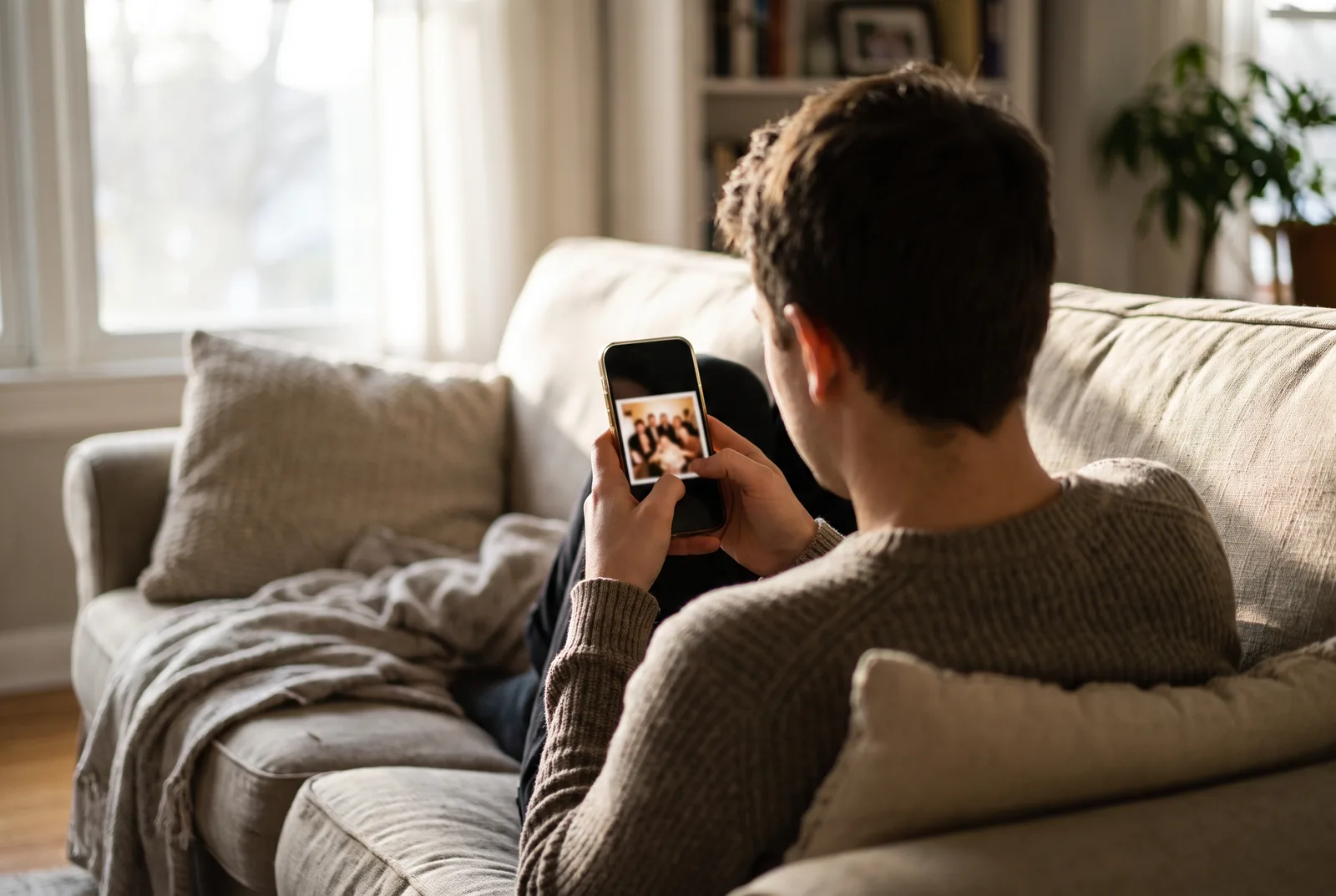 An adult seen from behind on a sofa, looking down at a phone that shows a blurred photo of a group of people.