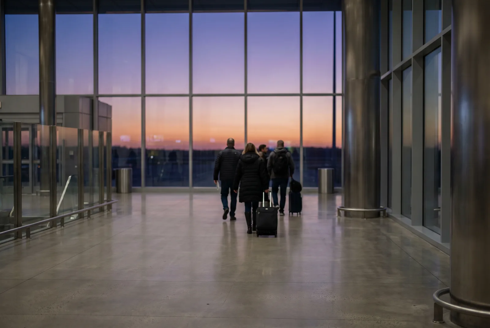 A wide departures hall at dusk seen from behind a few travellers walking with roller bags towards tall windows, everything softly out of focus.