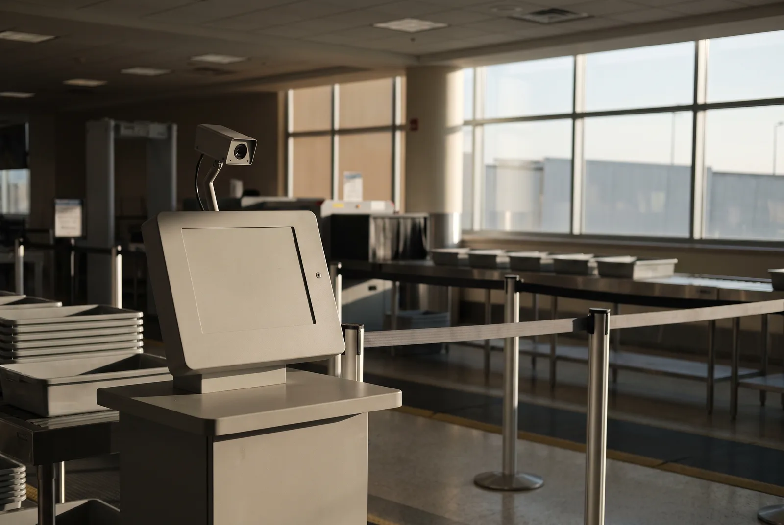 An empty airport security lane in early morning light, with a document-reading kiosk topped by a small camera on a stand, grey belts and stanchions behind it.
