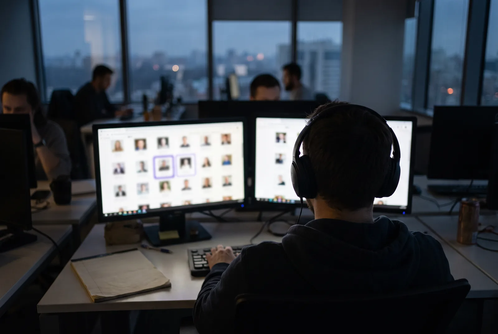 An open-plan office at dusk seen from behind a worker with headphones at a desk with two monitors. Both screens show grids of small blurred portrait thumbnails, one framed in violet.