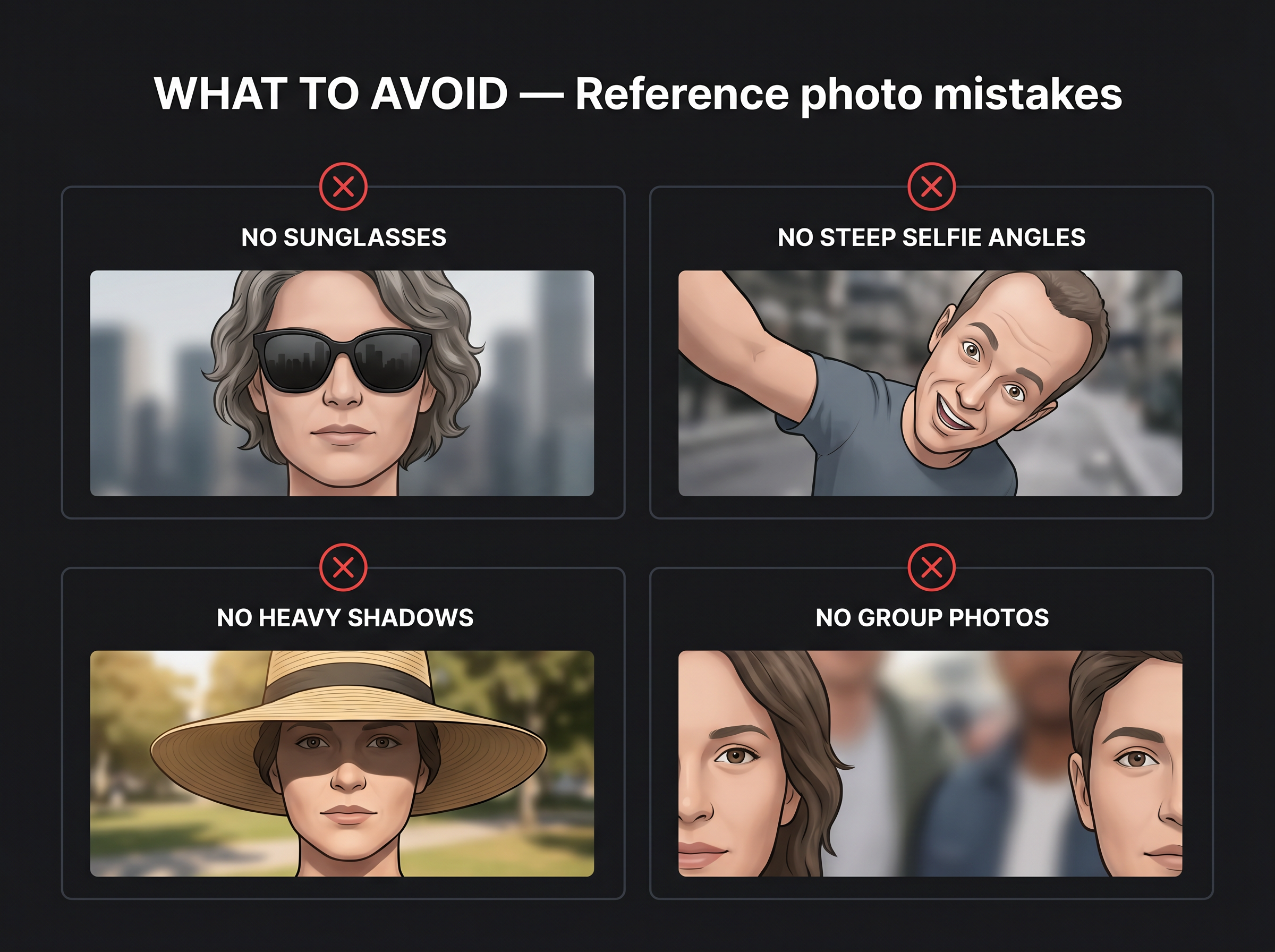 Composite of four common reference-photo mistakes to avoid: sunglasses, steep selfie angles, heavy shadows from hats, and group photo crops.