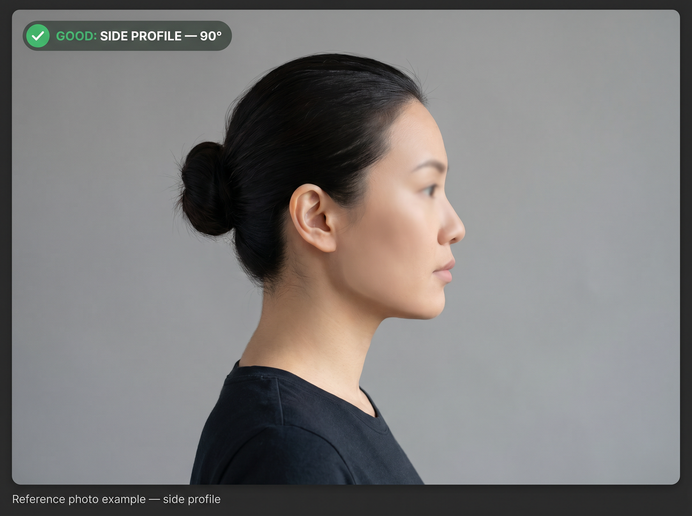 Example of a good side profile reference photo: subject turned 90 degrees, ear visible, hair pulled back, even lighting.