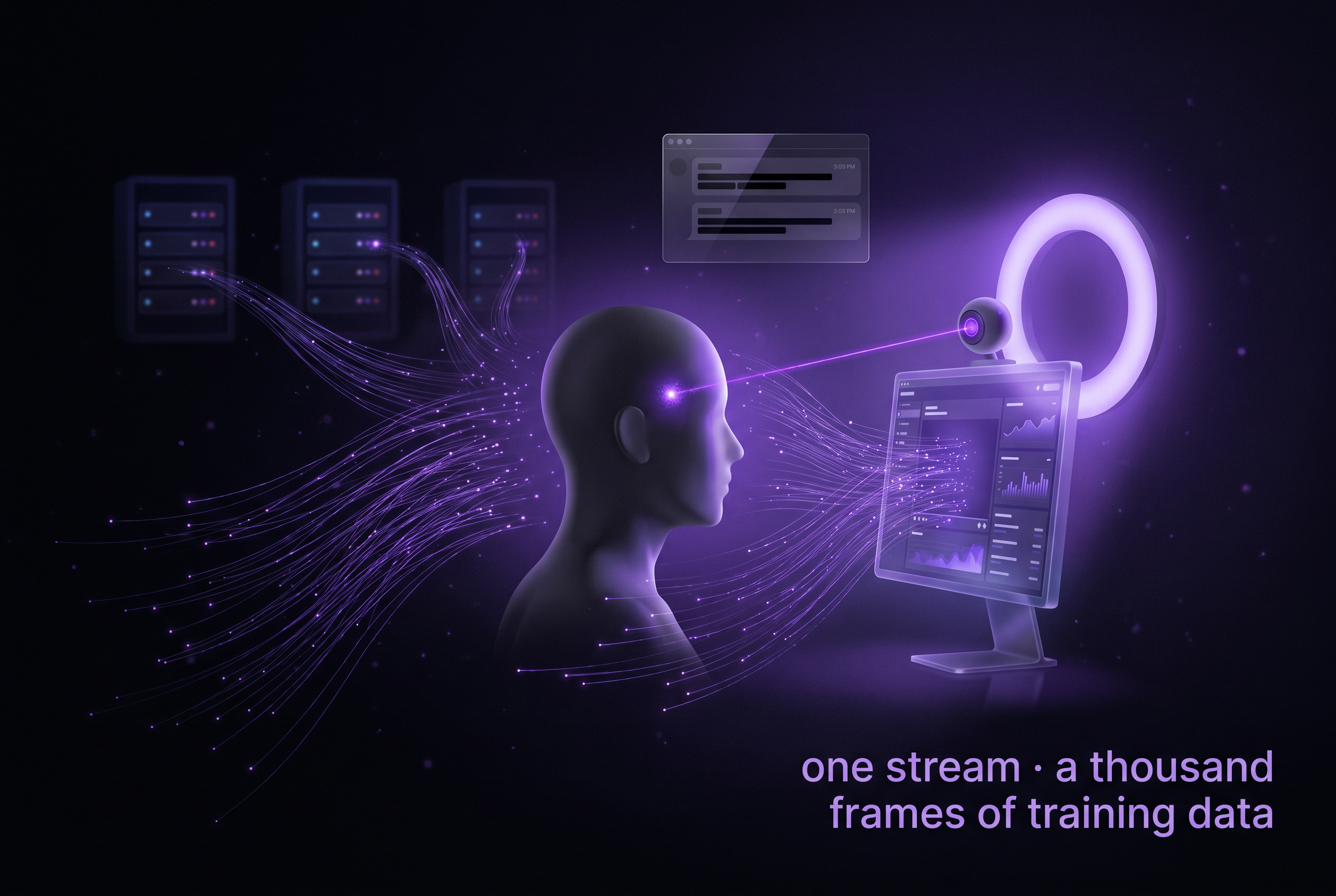 Editorial illustration: a generic head silhouette sitting in profile in front of a glowing monitor and ring light, with hundreds of thin purple data streams flowing from the figure and the camera outward toward distant database racks in the void.